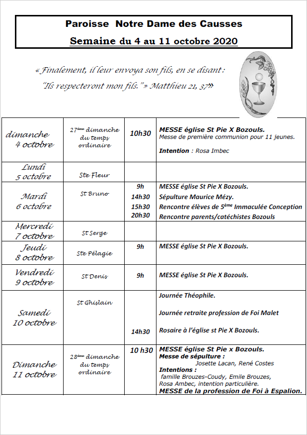 Horaire des messes semaine du 4 octobre Paroisse Notre Dame des causses