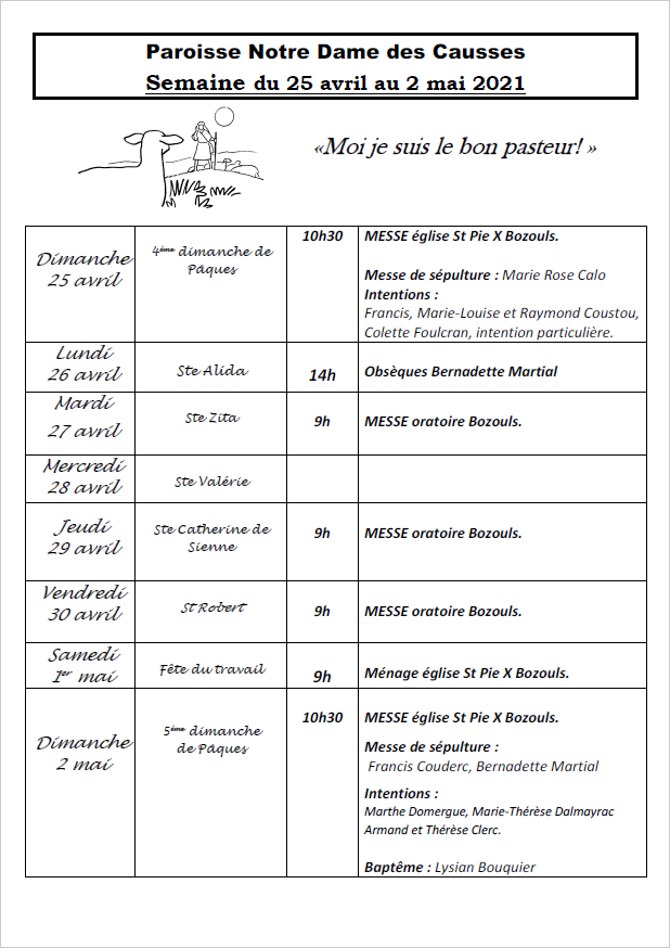 Horaire des messes semaine du 25 avril Paroisse Notre Dame des causses