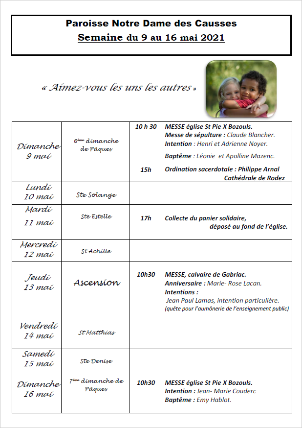 Horaire des messes semaine du 9 mai Paroisse Notre Dame des causses